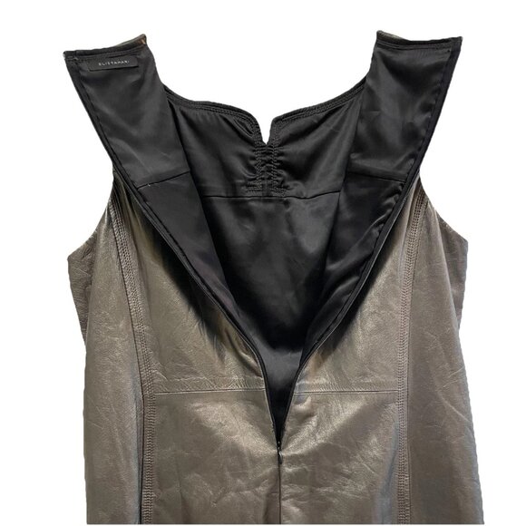 ELIE TAHARI Asphalt Black Pocket Leather Split Neck Back Zip Shift Dress Sz 6/8 - Picture 7 of 10